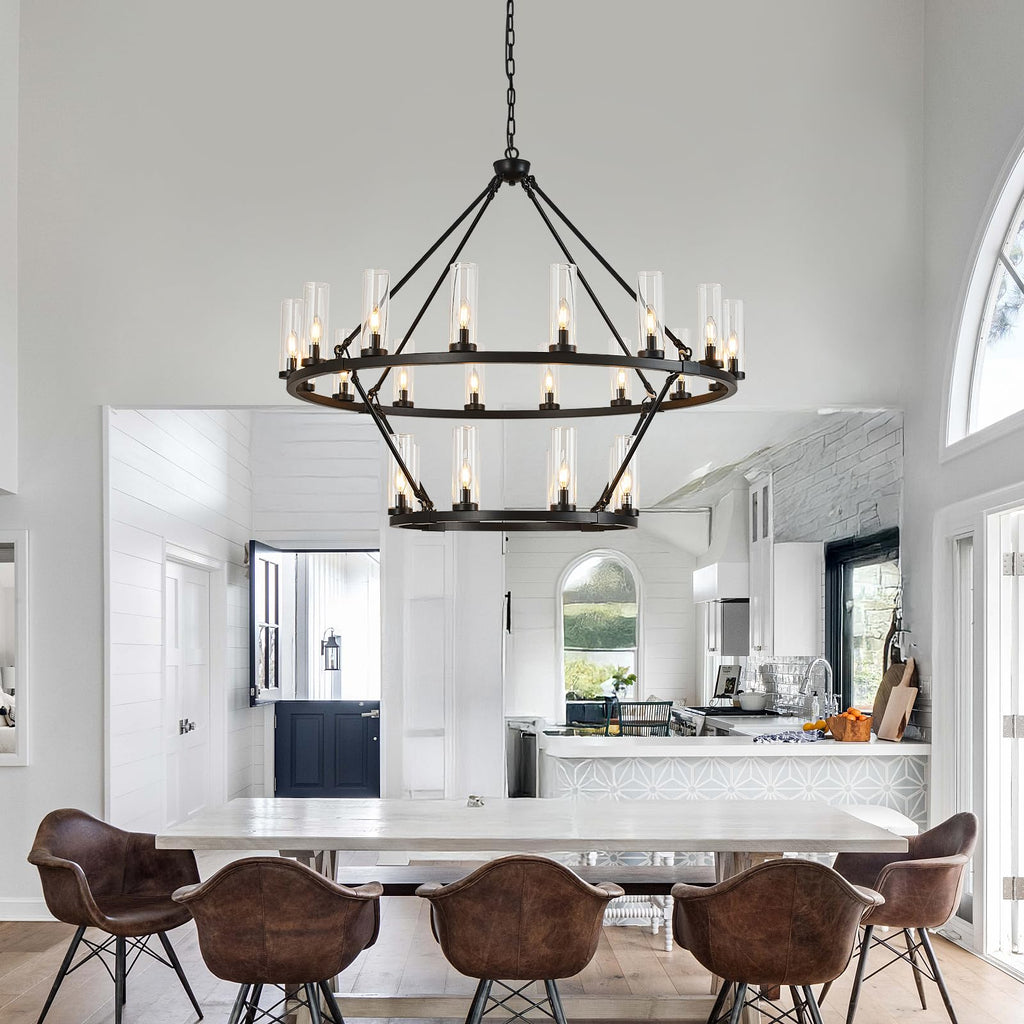 48 Inch Large Black Wagon Wheel Chandelier with Clear Glass Shade 2 Tier 24-Lights Round Pendant Light Farmhouse Industrial Chandeliers Dining Room Light Fixture for Stair Living Room Foyer