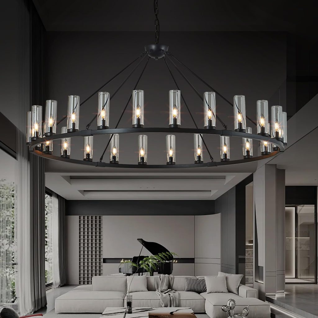48 Inch Large Black Wagon Wheel Chandelier with Clear Glass Shade 2 Tier 24-Lights Round Pendant Light Farmhouse Industrial Chandeliers Dining Room Light Fixture for Stair Living Room Foyer