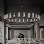 48 Inch Large Black Wagon Wheel Chandelier with Clear Glass Shade 2 Tier 24-Lights Round Pendant Light Farmhouse Industrial Chandeliers Dining Room Light Fixture for Stair Living Room Foyer