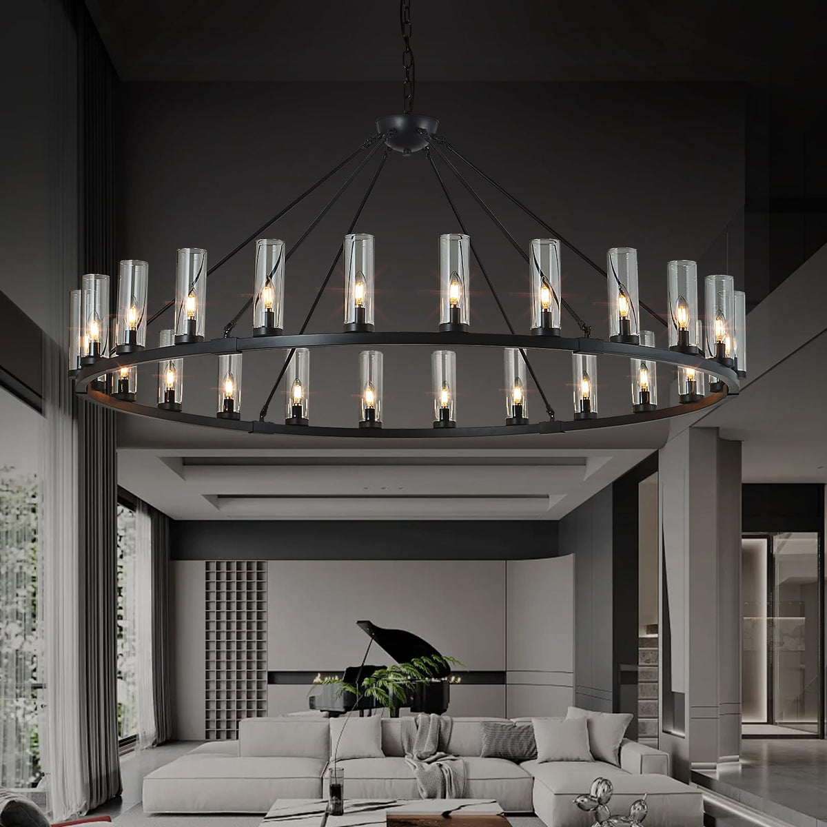 48 Inch Large Black Wagon Wheel Chandelier with Clear Glass Shade 2 Tier 24-Lights Round Pendant Light Farmhouse Industrial Chandeliers Dining Room Light Fixture for Stair Living Room Foyer