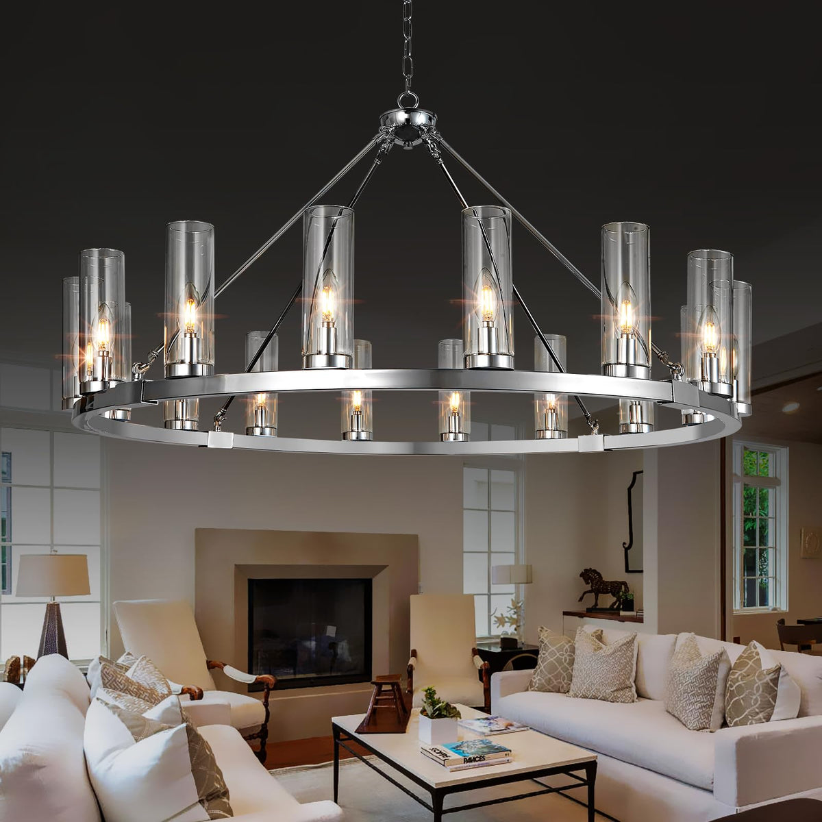 48 Inch Large Black Wagon Wheel Chandelier with Clear Glass Shade 2 Tier 24-Lights Round Pendant Light Farmhouse Industrial Chandeliers Dining Room Light Fixture for Stair Living Room Foyer