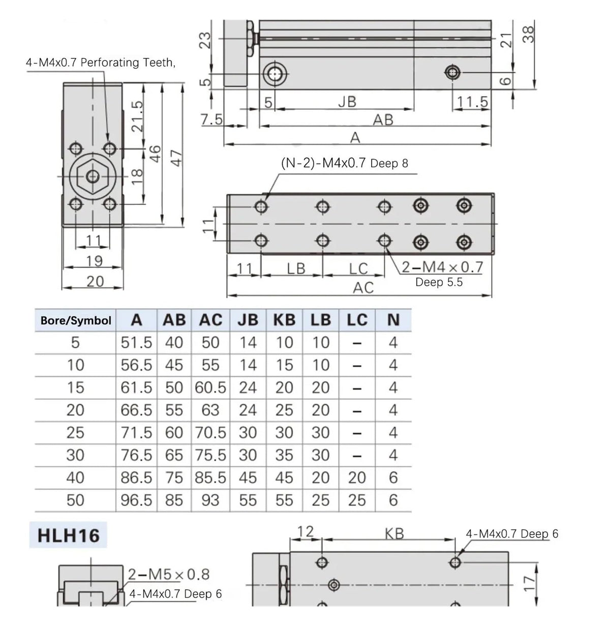 HLH6/10/16/20 Air Side Table Rail Type Pneumatic Cylinder Piston10S/15S/20S/30S/40S/50S(Stroke 50mm)
