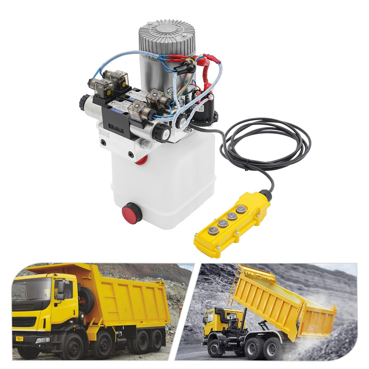 12V DC Hydraulic Pump Single Acting, 4.5 Quart Square Plastic Reservoir, Double Acting Capable, for Dump Trailer, Lift Gate, Small to Medium Hydraulic Power Unit