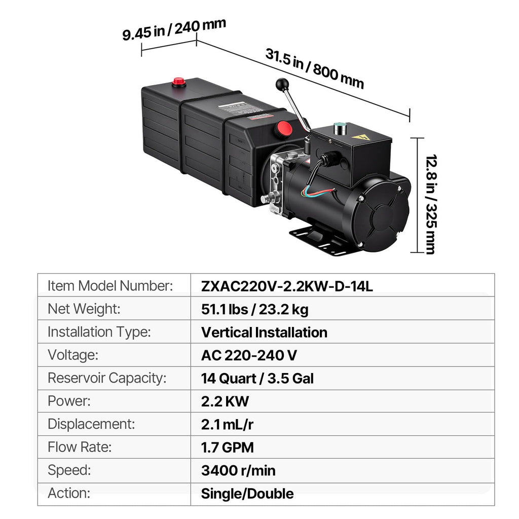 VEVOR 14 Quart Hydraulic Pump 2.2KW AC 220-240V Hydraulic Dump Trailer Pump