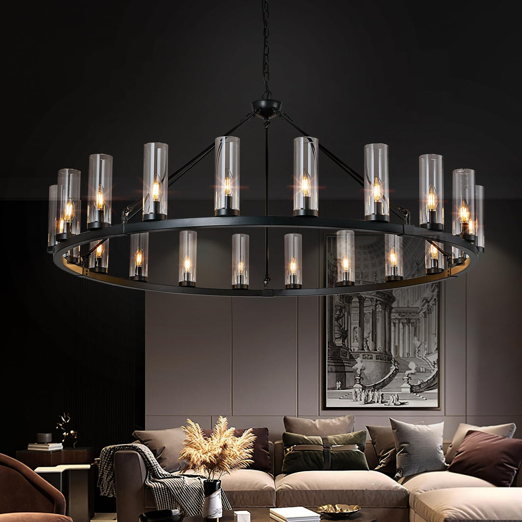 48 Inch Large Black Wagon Wheel Chandelier with Clear Glass Shade 2 Tier 24-Lights Round Pendant Light Farmhouse Industrial Chandeliers Dining Room Light Fixture for Stair Living Room Foyer