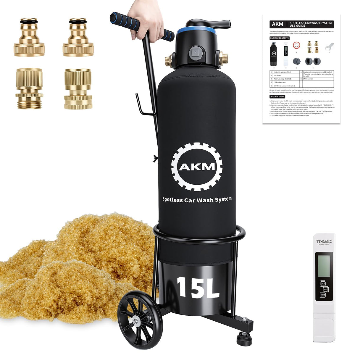 Spotless Water System for car wash,Pre-Filled with 15L DI Resin, with Bypass, DI Water System,Garden Hose Quick Connector, Deionized Water System for RV, Vehicles, Bikes, Boats, No Spots