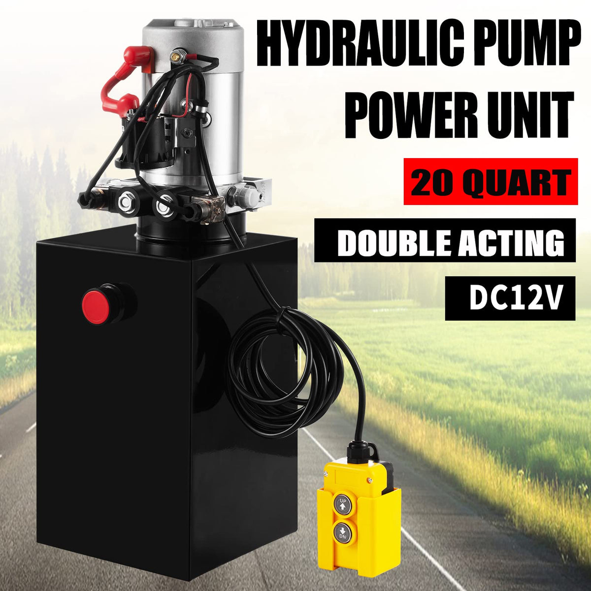 Hydraulic Pump 20 Quart Double Acting Dump Trailer Hydraulic Pump DC 12V, Hydraulic Power Unit Metal Reservoir Horizontal Mount for Dump Truck Car Lifting Remotely Controlled