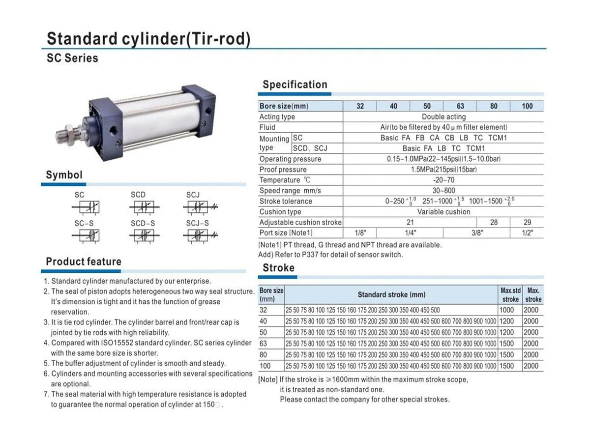 Standard Air Cylinders 40mm Bore Double Acting Pneumatic Cylinder stroke25-1000mm SC40X25S SC40X100 SC40X500S SC40X200S(SC40X800,Nil (no Magnetism))