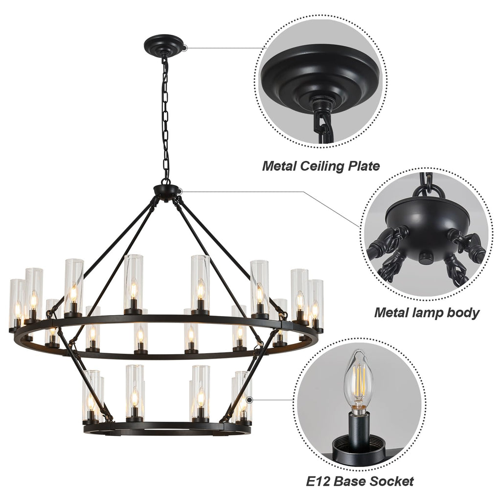 48 Inch Large Black Wagon Wheel Chandelier with Clear Glass Shade 2 Tier 24-Lights Round Pendant Light Farmhouse Industrial Chandeliers Dining Room Light Fixture for Stair Living Room Foyer