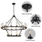 48 Inch Large Black Wagon Wheel Chandelier with Clear Glass Shade 2 Tier 24-Lights Round Pendant Light Farmhouse Industrial Chandeliers Dining Room Light Fixture for Stair Living Room Foyer