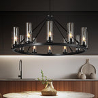 48 Inch Large Black Wagon Wheel Chandelier with Clear Glass Shade 2 Tier 24-Lights Round Pendant Light Farmhouse Industrial Chandeliers Dining Room Light Fixture for Stair Living Room Foyer