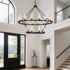 48 Inch Large Black Wagon Wheel Chandelier with Clear Glass Shade 2 Tier 24-Lights Round Pendant Light Farmhouse Industrial Chandeliers Dining Room Light Fixture for Stair Living Room Foyer