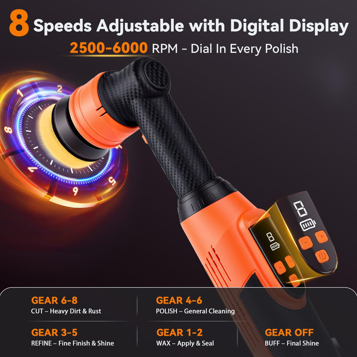 Cordless Mini Car Buffer Polisher with 8 Variable Speeds 2000‑6000 RPM, LED Display, 2×2000mAh 21V Batteries, Mini Polishers Kit for Auto Detailing, Scratch Remover and Paint Care - Short