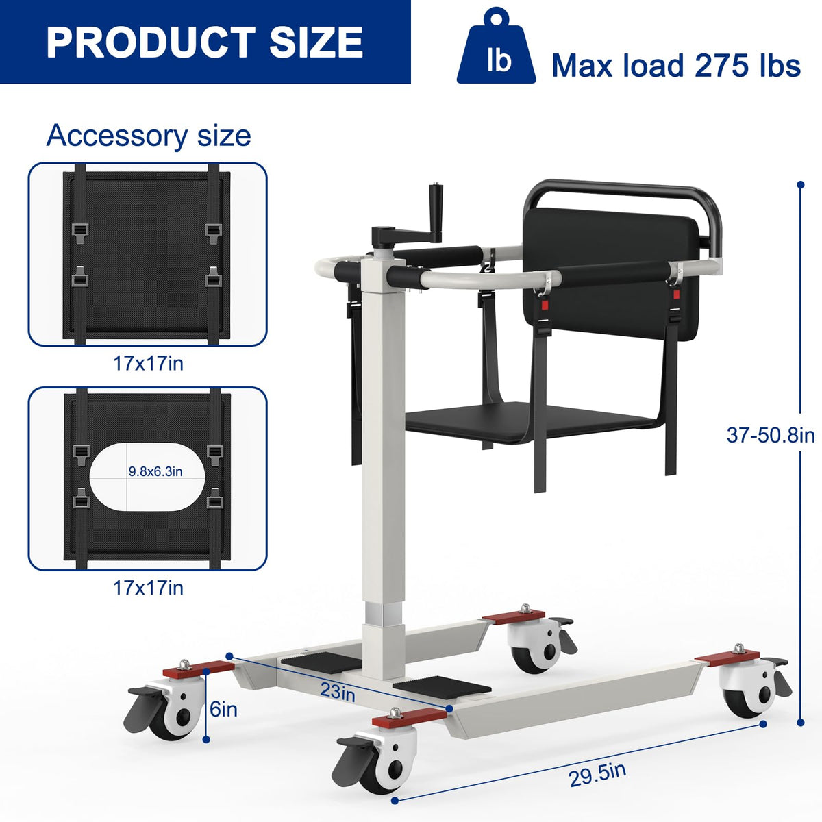Patient Lift Transfer Chair for Elderly & Disabled, Portable Assist Lift Aid for Home Care, Bed/Chair/Toilet/Car/Wheelchair Transfers, Height/Base Adjustable, 275 lbs, Steel Frame