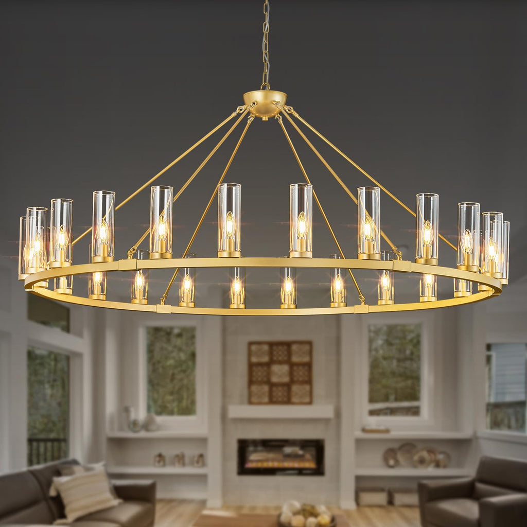 48 Inch Large Black Wagon Wheel Chandelier with Clear Glass Shade 2 Tier 24-Lights Round Pendant Light Farmhouse Industrial Chandeliers Dining Room Light Fixture for Stair Living Room Foyer