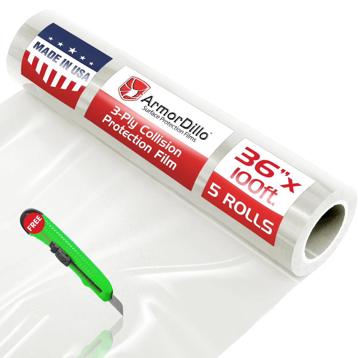 39.22 Per Roll Free Utility Knife ArmorDillo High Tack Collision Wrap - 5 Rolls (1Case) 3 Mil 3Ply Self Adhesive Crash Wrap for Cars, Collision, Towing, 60 Day UVI Protect - 36" x100ft