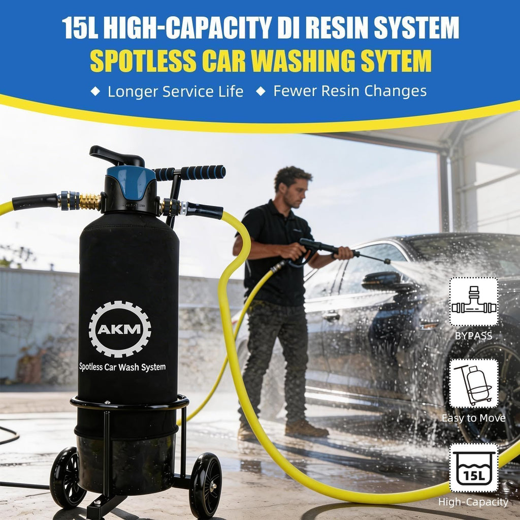 Spotless Water System for car wash,Pre-Filled with 15L DI Resin, with Bypass, DI Water System,Garden Hose Quick Connector, Deionized Water System for RV, Vehicles, Bikes, Boats, No Spots