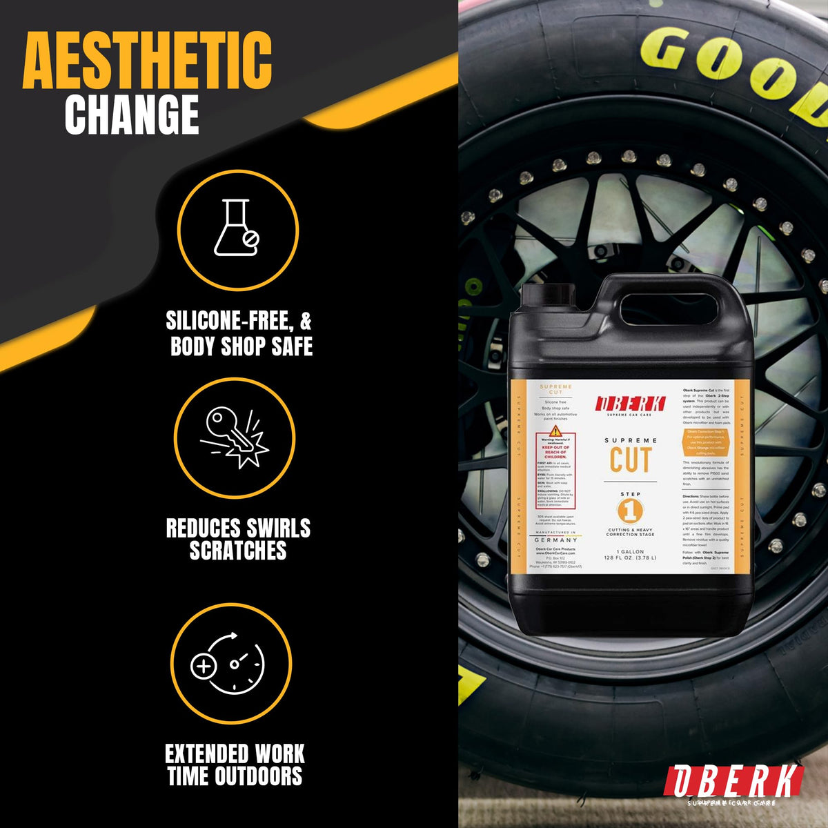 Supreme Cut – Heavy Duty Polishing Compound for Car Detailing – Removes P1500 Sanding Marks & Swirls – Body Shop Safe, No Fillers – Works with DA & Rotary Polishers (128oz Oberk Cut)