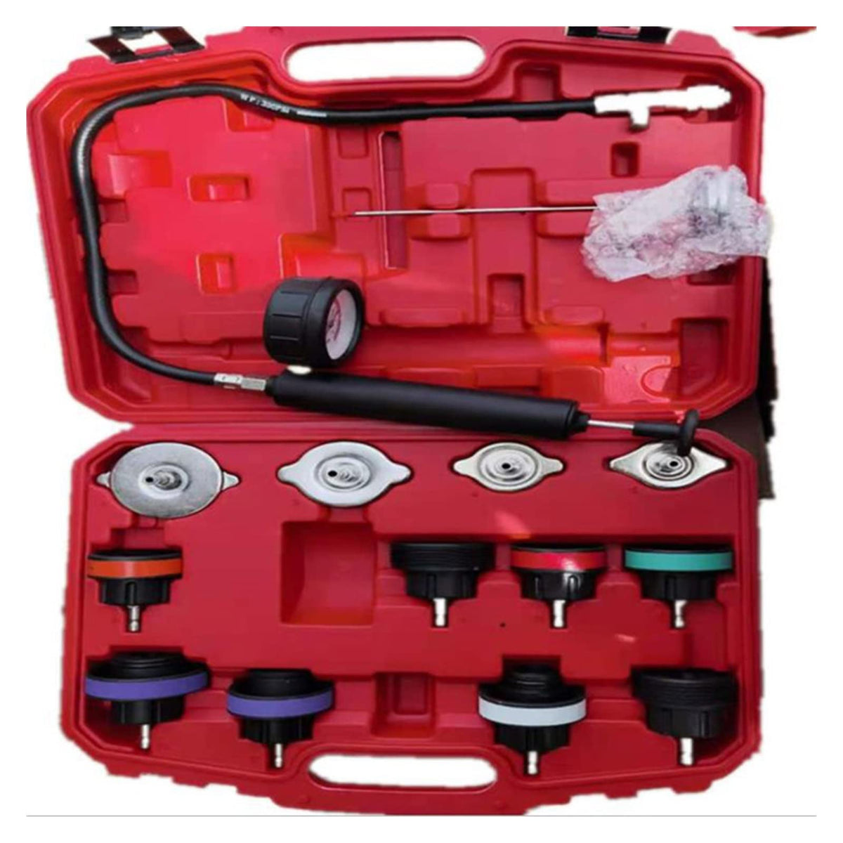 Coolant Pressure Tester kit 14 Pieces of Water Tank Pressure Leak Detection Leak Tester Kit Antifreeze Coolant Vacuum Filling Pressure Changer Tool Plastic Vacuum Type Cooling System Kit