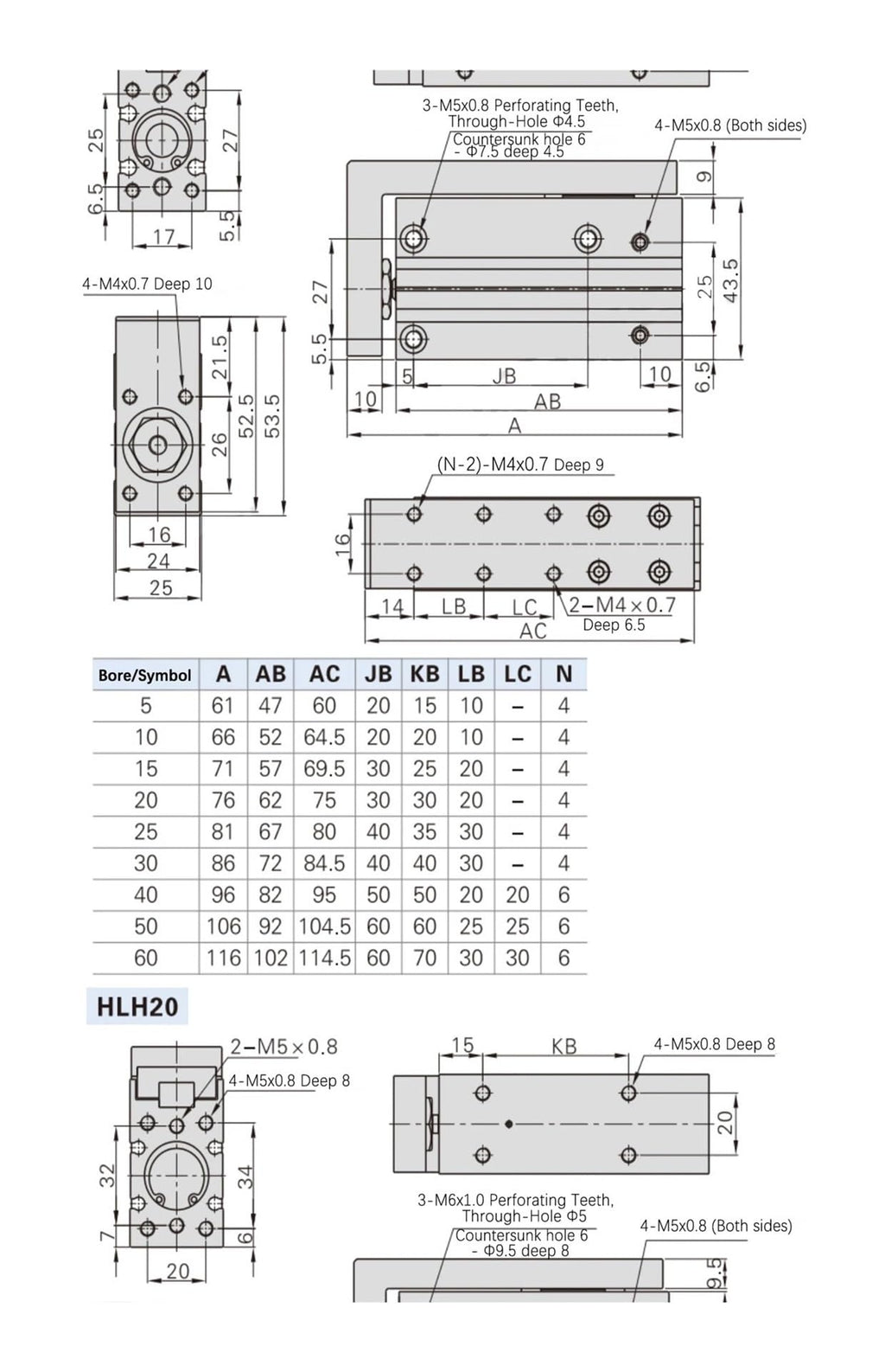 HLH6/10/16/20Air Side Table Rail Type Air Pneumatic Cylinder 10S/15S/20S/30S/40S/50S(Stroke 30mm)