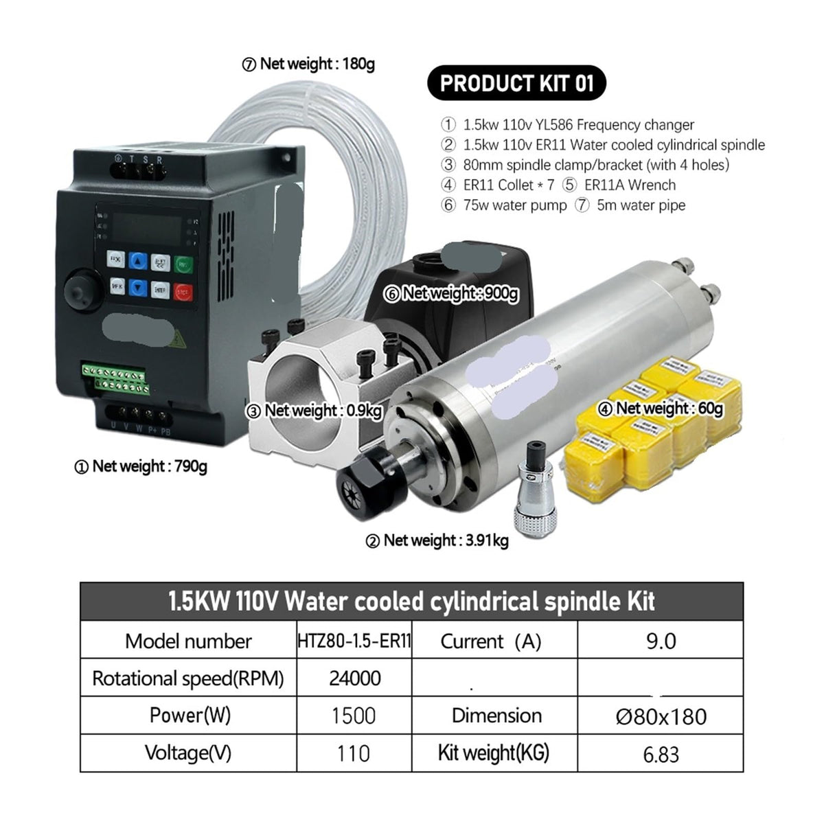 1500w Spindle Motor 220v Er11 1.5kw Round Water Cooling Spindle 24000rpm +1.5kw Vfd 50/60hz +Water Pump +80mm Bracket