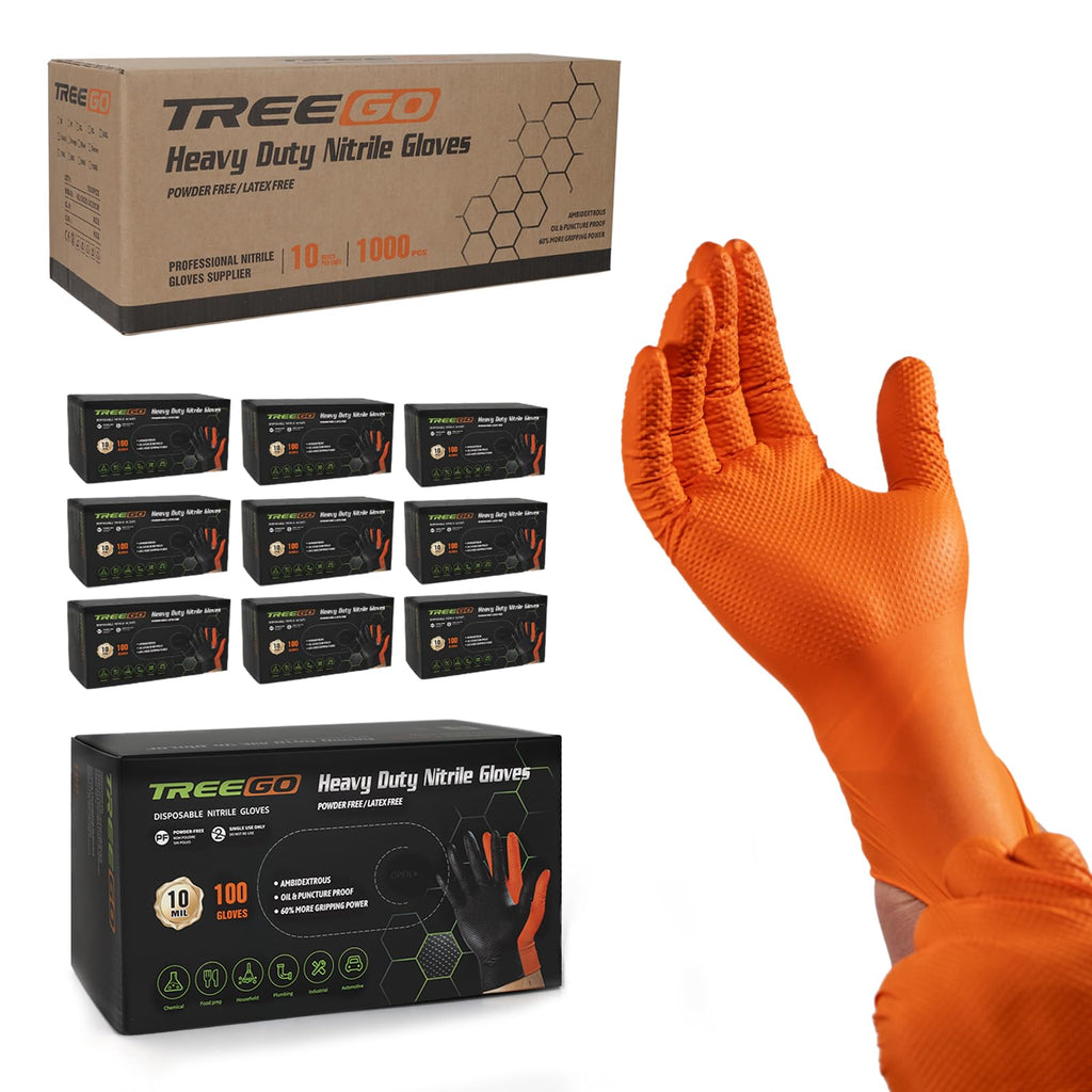 TREEGO 10 Mil Orange Nitrile Mechanic Gloves, Diamond Grip, 1000 Count M
