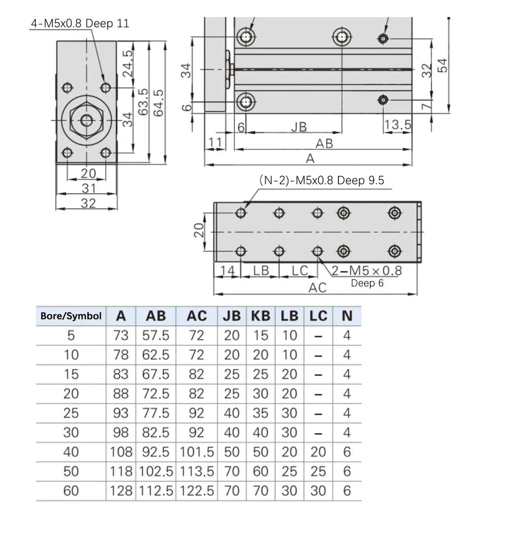HLH6/10/16/20 Air Side Table Rail Type Pneumatic Cylinder Piston10S/15S/20S/30S/40S/50S(Stroke 40mm)