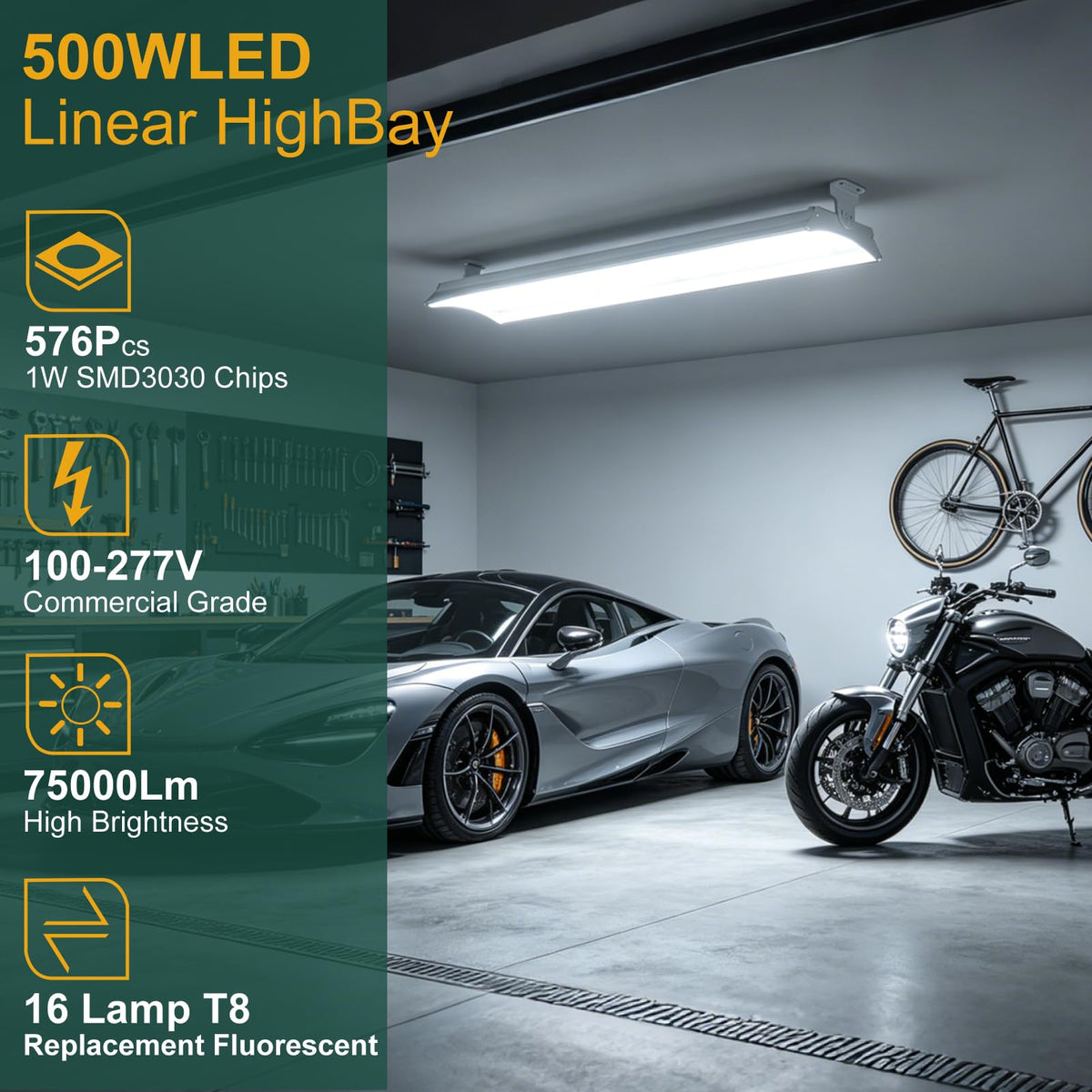 12Pack 500W(576 * 1W LED) LED Commercial Diamond Linear High Bay Light 75000LM [Eqv. 2000W MH],AC100-277V【Driver Equipped】 5000K,Linear Hanging High Bay Light,UL Complied