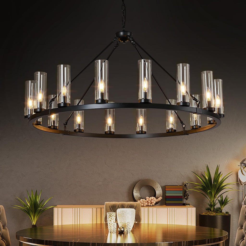 48 Inch Large Black Wagon Wheel Chandelier with Clear Glass Shade 2 Tier 24-Lights Round Pendant Light Farmhouse Industrial Chandeliers Dining Room Light Fixture for Stair Living Room Foyer