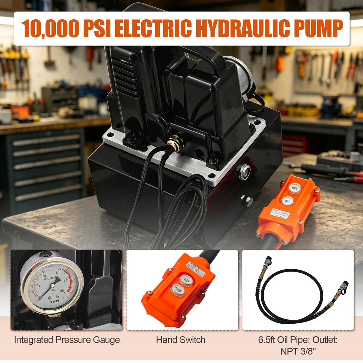 Electric Hydraulic Pump 10,000 PSI, 1.2KW, 0.8Gal/3L Capacity