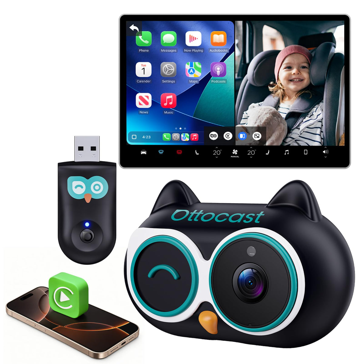 OTTOCAST Cabin Care 2-in-1 Baby Car Camera & Wireless CarPlay Adapter