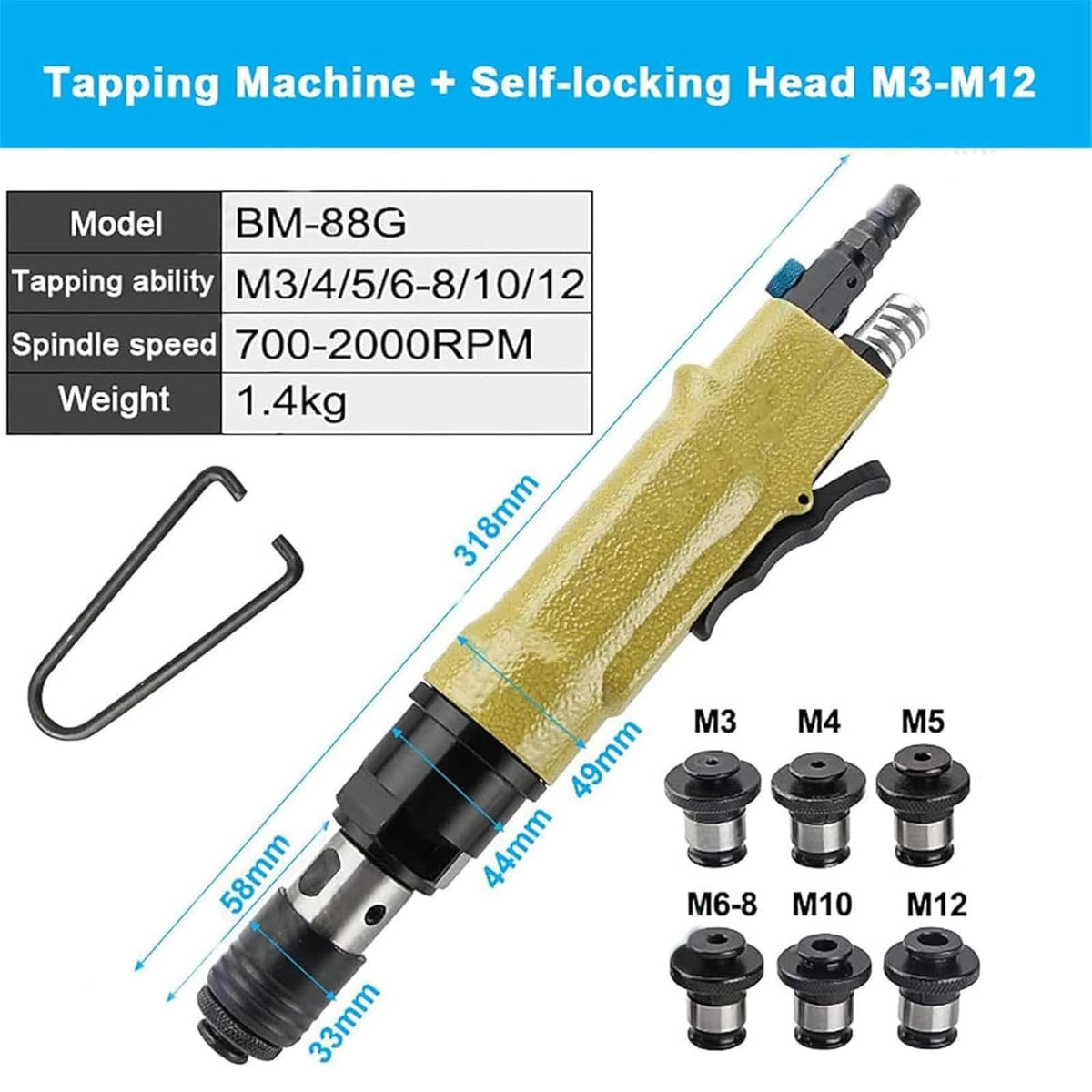 Handhold Pneumatic Tapping, Straight Type Self-Locking Tapping Machinewith 6 ChucksMachine, 700-2000RPM Speed Adjustable for Drilling/Tapping