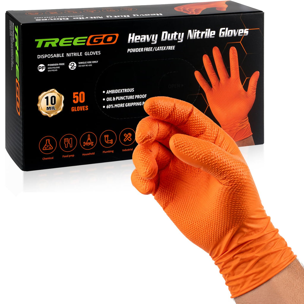 TREEGO 10 Mil Orange Nitrile Mechanic Gloves, Diamond Grip, 1000 Count M