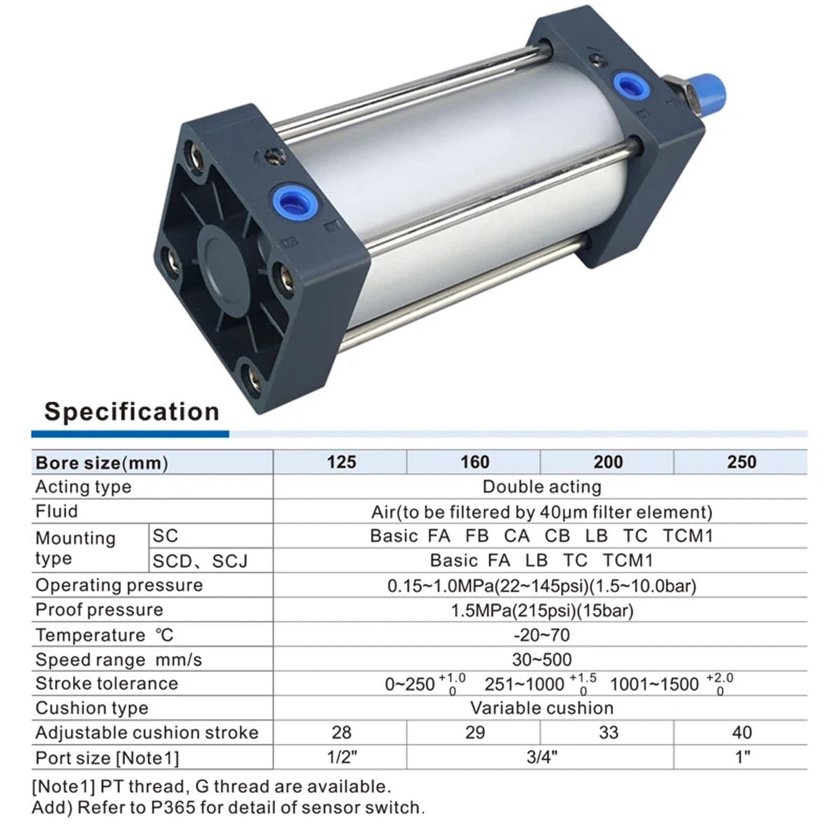 SC Standard Cylinder SC160 Big Bore Pneumatic Cylinder Piston Big Thrust 25-1000mm Stroke Double Acting 1Pcs(Stroke 400mm)