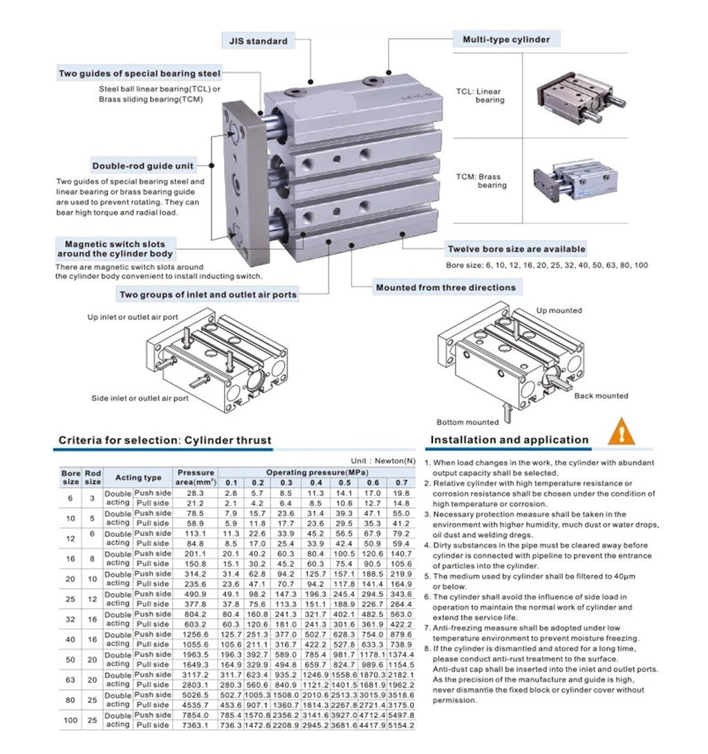 1pcs Compact Guide Cylinder air Pneumatic Cylinder TCM12 TCM16 20 TCM12X10S TCM16 20 25 32 40 50 63 80X10 20 30 40 60 70S(200mm Stroke)