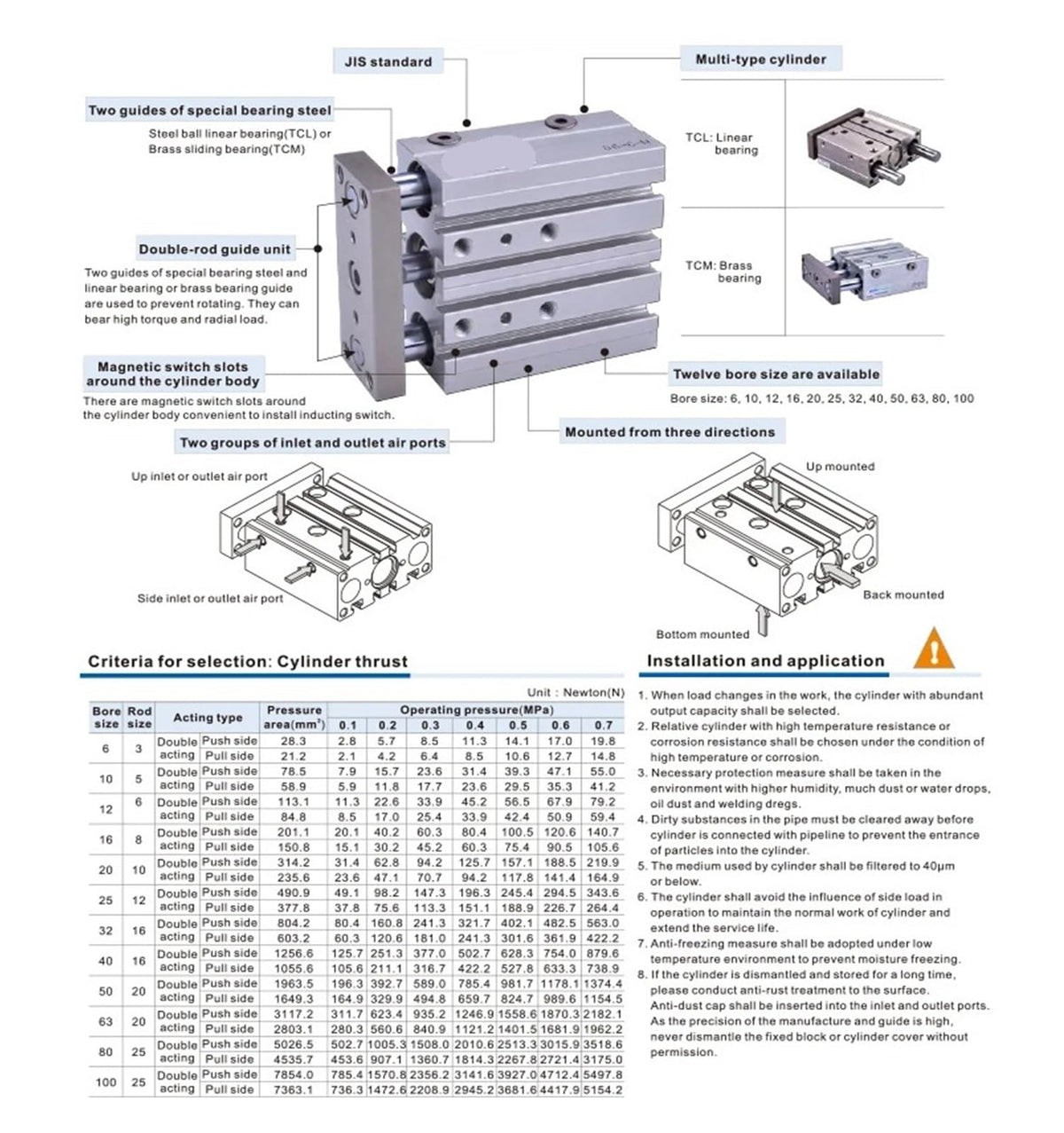 1pcs Compact Guide Cylinder air Pneumatic Cylinder TCM12 TCM16 20 TCM12X10S TCM16 20 25 32 40 50 63 80X10 20 30 40 60 70S(200mm Stroke)
