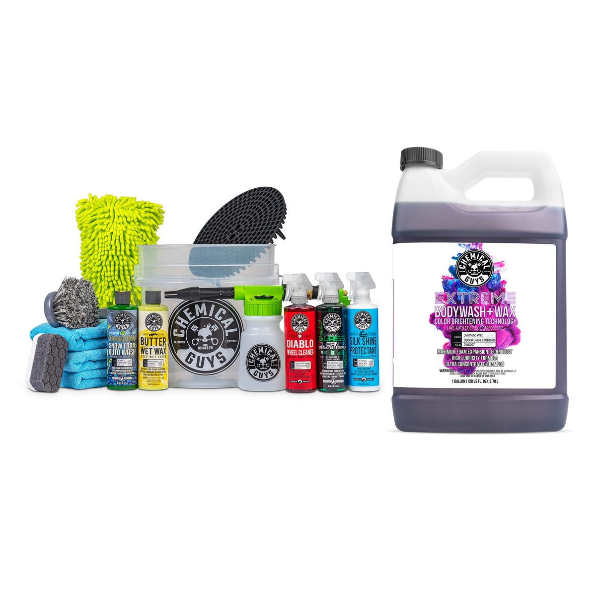 Chemical Guys CWS20716FC 16-Piece Arsenal Builder Carwash Kit, Foam Cannon, Bucket (6) 16 oz Car Care Cleaners (Works w/Pressure Washers) with Extreme Bodywash & Wax Foaming Car Wash Soap, 16 oz