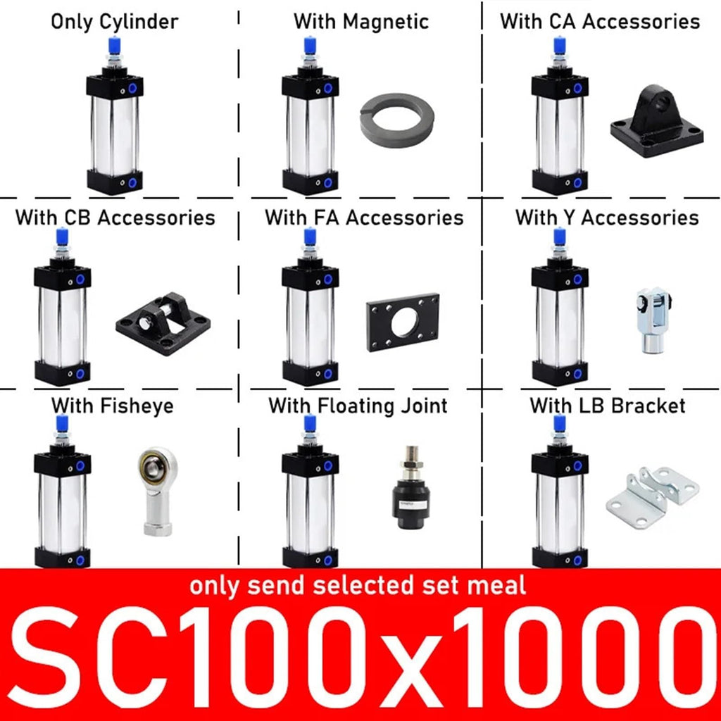 SC100 Standard Bore 100mm Stroke 25-1000mm Double Acting with Magnetic Aluminium Alloy Pneumatic Cylinders(Only Cylinder)