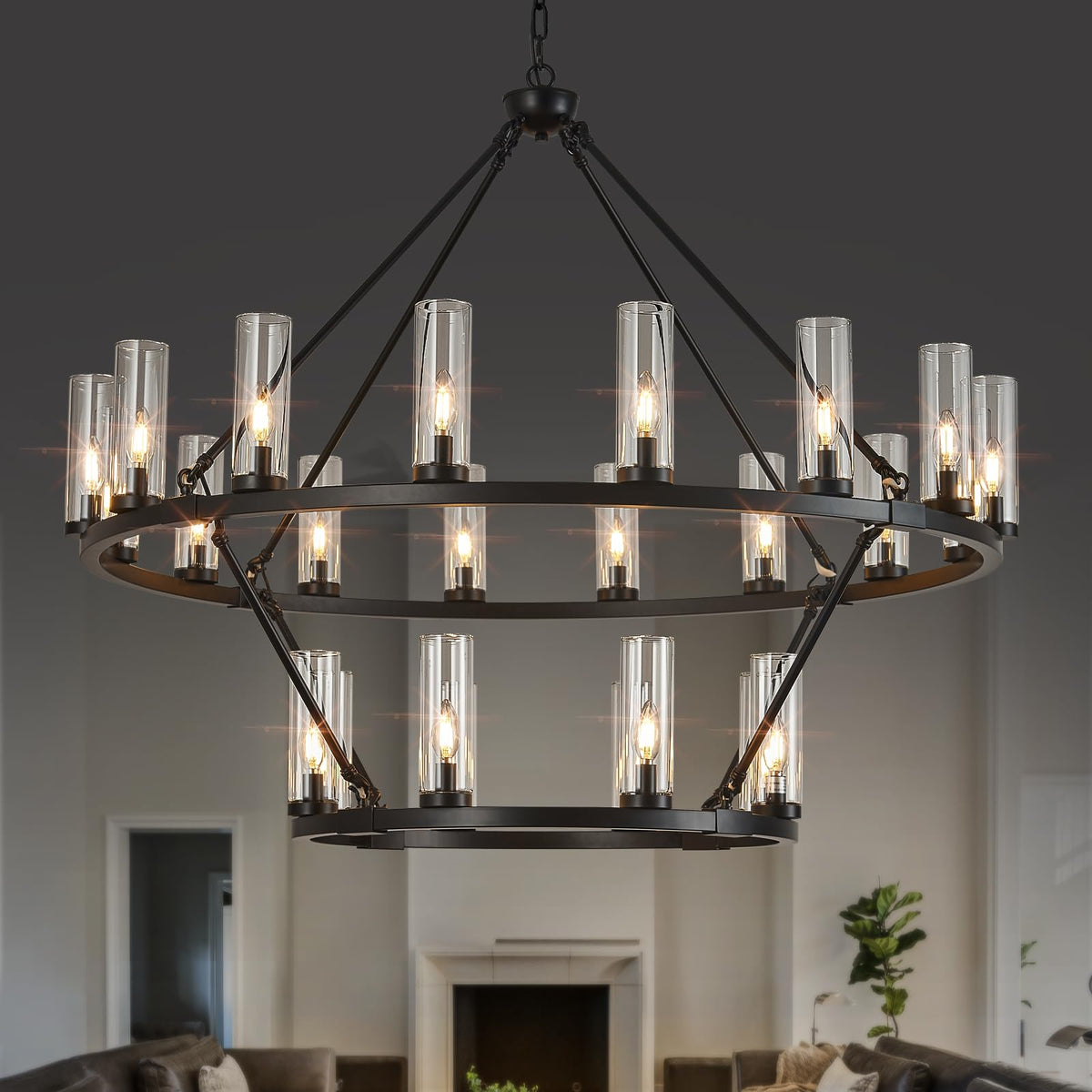48 Inch Large Black Wagon Wheel Chandelier with Clear Glass Shade 2 Tier 24-Lights Round Pendant Light Farmhouse Industrial Chandeliers Dining Room Light Fixture for Stair Living Room Foyer