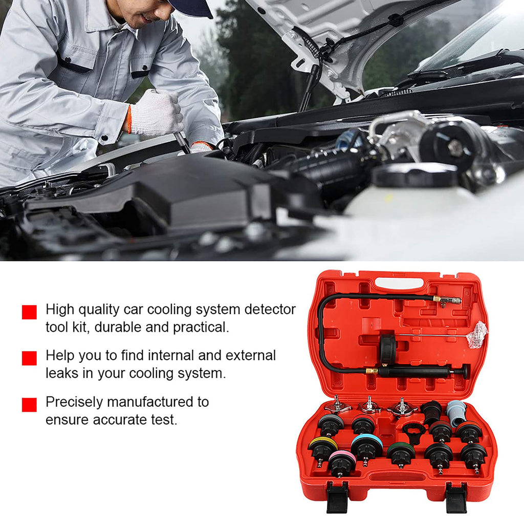 Cooling System Tester 18pcs Universal car Water Tank Leak Tester Cooling System Detector Tool kit Radiator Pressure Tester kit Reliable Tank Leak Detector for Cars Motorcycles