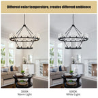 48 Inch Large Black Wagon Wheel Chandelier with Clear Glass Shade 2 Tier 24-Lights Round Pendant Light Farmhouse Industrial Chandeliers Dining Room Light Fixture for Stair Living Room Foyer