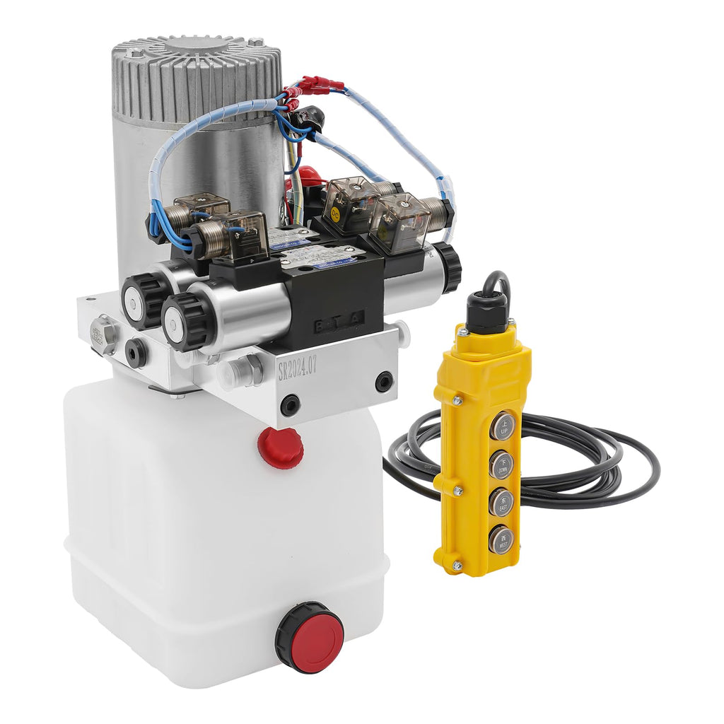 12V DC Hydraulic Pump Single Acting, 4.5 Quart Square Plastic Reservoir, Double Acting Capable, for Dump Trailer, Lift Gate, Small to Medium Hydraulic Power Unit