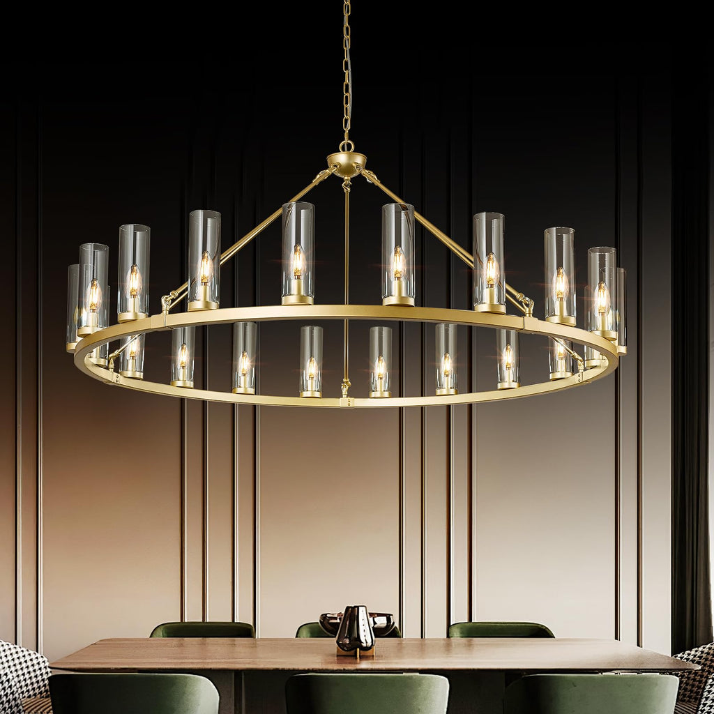 48 Inch Large Black Wagon Wheel Chandelier with Clear Glass Shade 2 Tier 24-Lights Round Pendant Light Farmhouse Industrial Chandeliers Dining Room Light Fixture for Stair Living Room Foyer