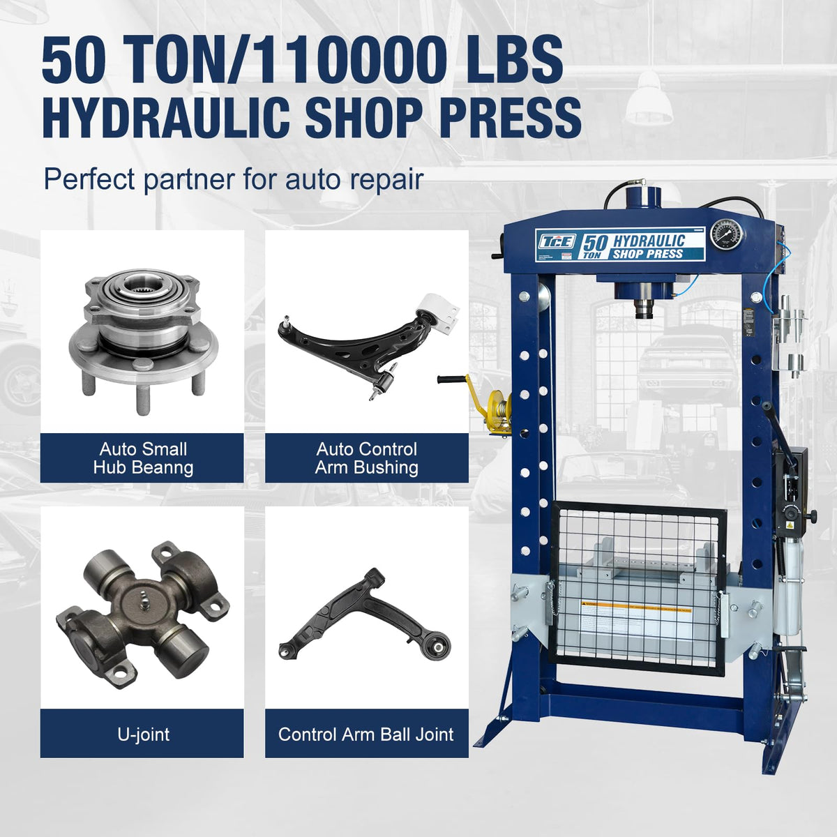 TCE 50 Ton H-Frame Hydraulic Garage/Shop Press with Hand and Foot Pump Pedal,Adjustable Height with Stamping Plates,Pressure Gauge,Blue