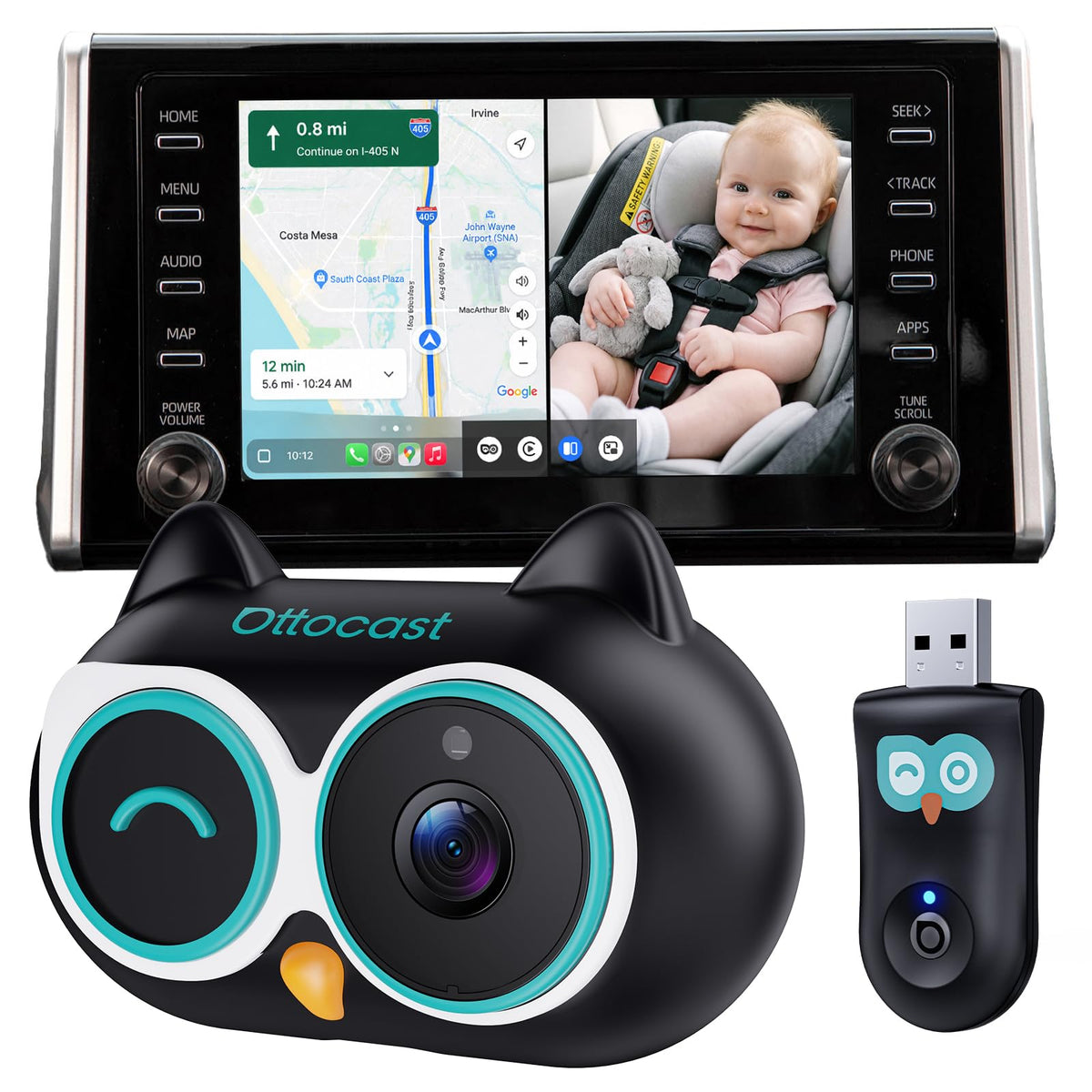 OTTOCAST Cabin Care Baby Camera for Car, Wireless CarPlay Adapter in One