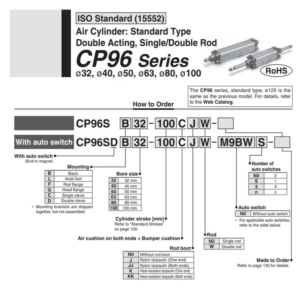 CP96 Cylinder CP96SB40 CP96SDB40 50-500MM C Cushion Standard Type Double Acting Single or Double Rod(CP96SB40-125C)