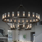 48 Inch Large Black Wagon Wheel Chandelier with Clear Glass Shade 2 Tier 24-Lights Round Pendant Light Farmhouse Industrial Chandeliers Dining Room Light Fixture for Stair Living Room Foyer