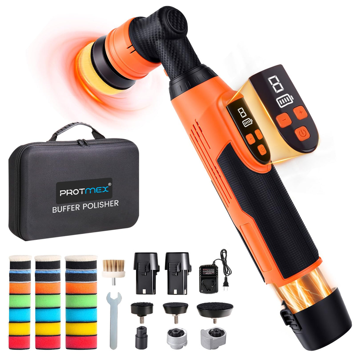 Cordless Mini Car Buffer Polisher with 8 Variable Speeds 2000‑6000 RPM, LED Display, 2×2000mAh 21V Batteries, Mini Polishers Kit for Auto Detailing, Scratch Remover and Paint Care - Short