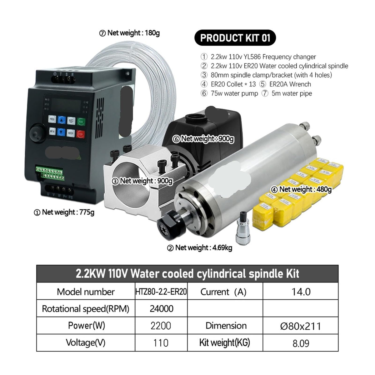 2200w Spindle Motor 220v Er20 2.2kw Round Water Cooling Spindle 24000rpm +2.2kw Vfd 50/60hz +Water Pump +80mm Bracket