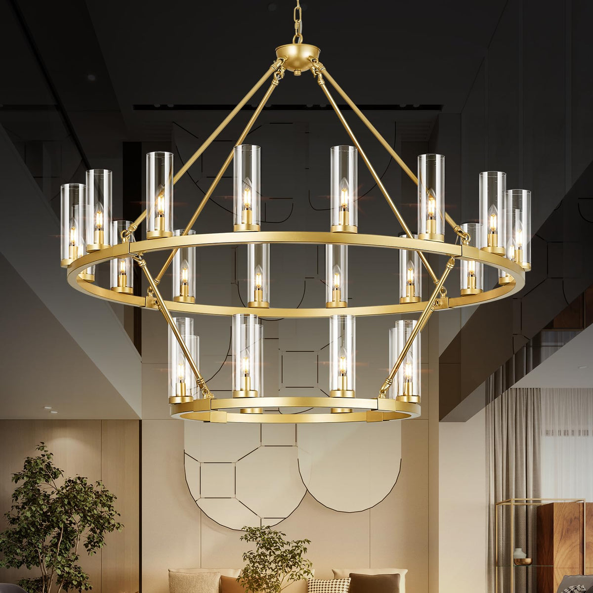 48 Inch Large Black Wagon Wheel Chandelier with Clear Glass Shade 2 Tier 24-Lights Round Pendant Light Farmhouse Industrial Chandeliers Dining Room Light Fixture for Stair Living Room Foyer